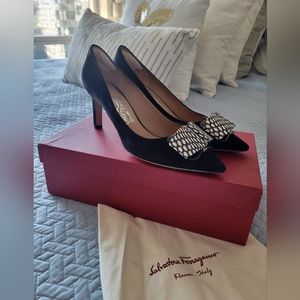 Ferragamo Black Suede Logo Pumps Size 8.5